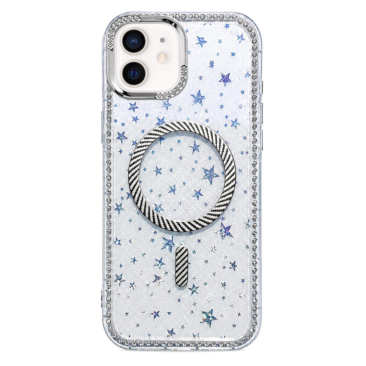 For iPhone 12 Star Pattern Rhinestone Carbon Fiber Magnetic Ring Phone Case - White - EDA009740803E