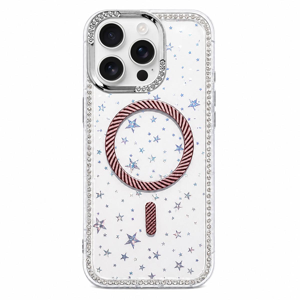 For iPhone 12 Pro Star Pattern Rhinestone Carbon Fiber Magnetic Ring Phone Case - Pink - EDA009740804C