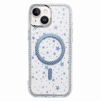 For iPhone 13 Star Pattern Rhinestone Carbon Fiber Magnetic Ring Phone Case - Blue - EDA009740806A
