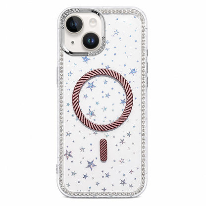For iPhone 13 Star Pattern Rhinestone Carbon Fiber Magnetic Ring Phone Case - Pink - EDA009740806C
