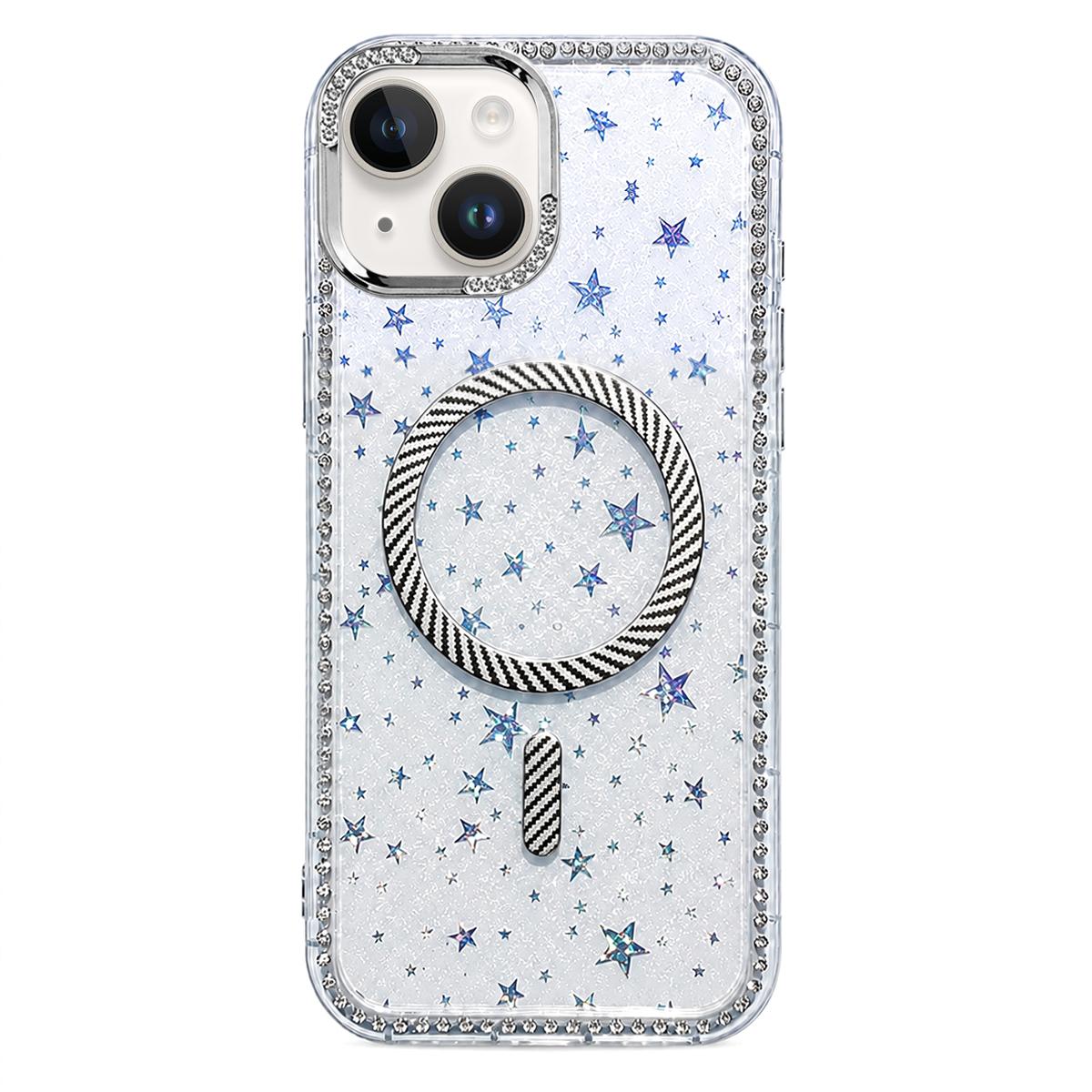 For iPhone 13 Star Pattern Rhinestone Carbon Fiber Magnetic Ring Phone Case - White - EDA009740806E