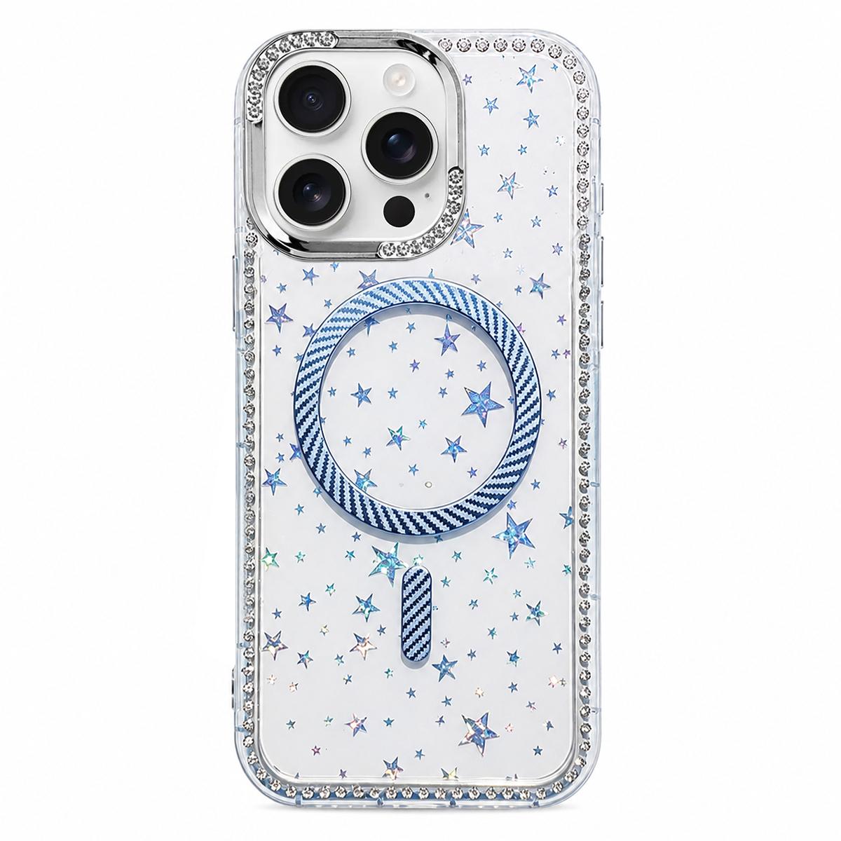 For iPhone 13 Pro Star Pattern Rhinestone Carbon Fiber Magnetic Ring Phone Case - Blue - EDA009740807A
