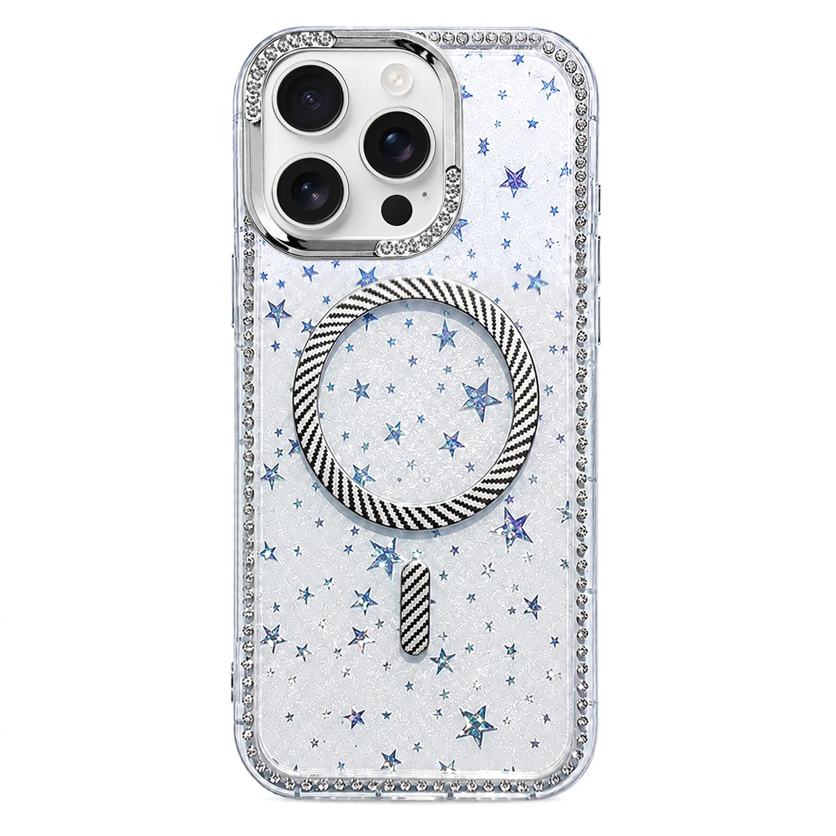 For iPhone 13 Pro Star Pattern Rhinestone Carbon Fiber Magnetic Ring Phone Case - White - EDA009740807E