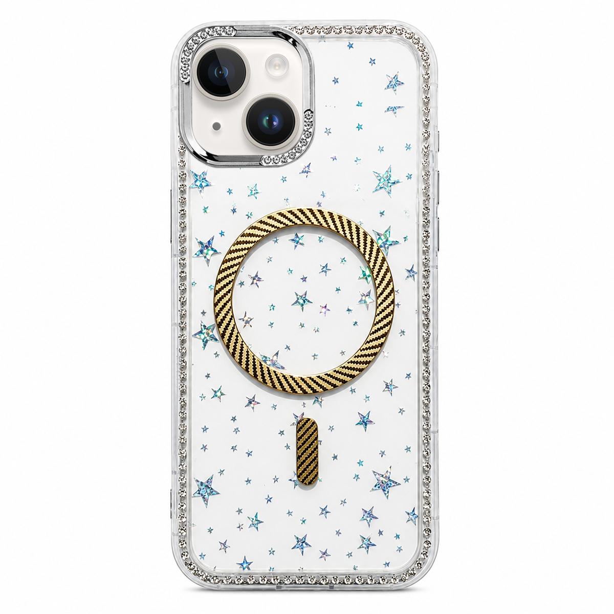 For iPhone 14 Plus Star Pattern Rhinestone Carbon Fiber Magnetic Ring Phone Case - Yellow - EDA009740810B