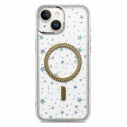 For iPhone 15 Star Pattern Rhinestone Carbon Fiber Magnetic Ring Phone Case - Yellow - EDA009740813B