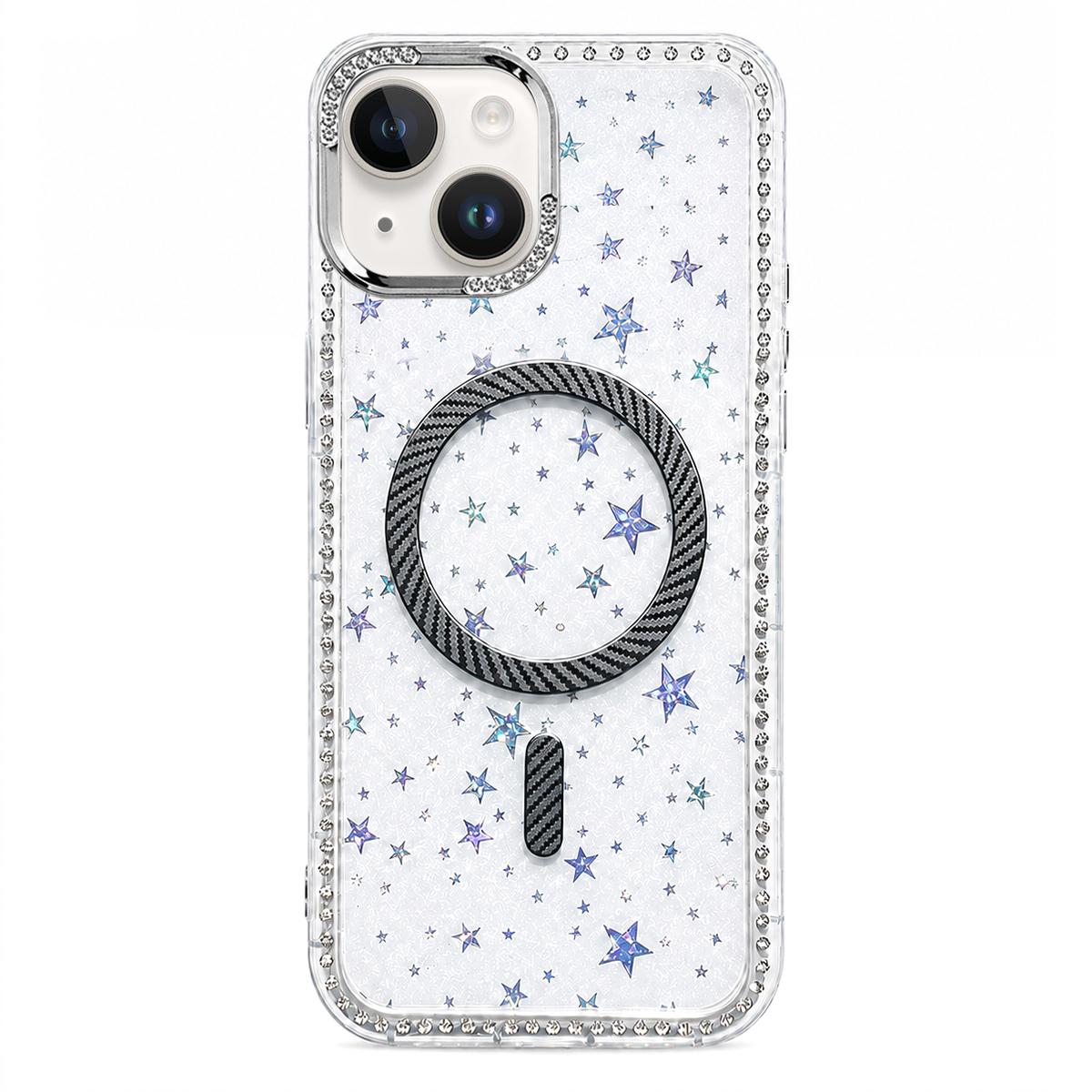 For iPhone 15 Star Pattern Rhinestone Carbon Fiber Magnetic Ring Phone Case - Black - EDA009740813D