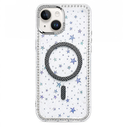 For iPhone 15 Star Pattern Rhinestone Carbon Fiber Magnetic Ring Phone Case - Black - EDA009740813D