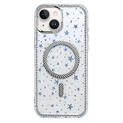 For iPhone 15 Star Pattern Rhinestone Carbon Fiber Magnetic Ring Phone Case - White - EDA009740813E
