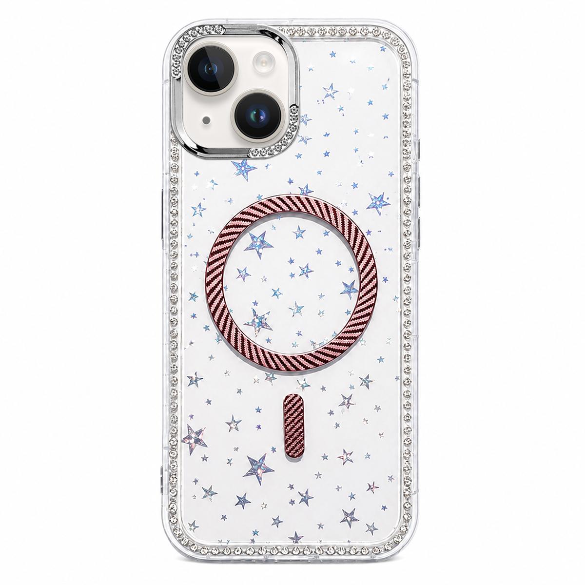 For iPhone 15 Plus Star Pattern Rhinestone Carbon Fiber Magnetic Ring Phone Case - Pink - EDA009740814C