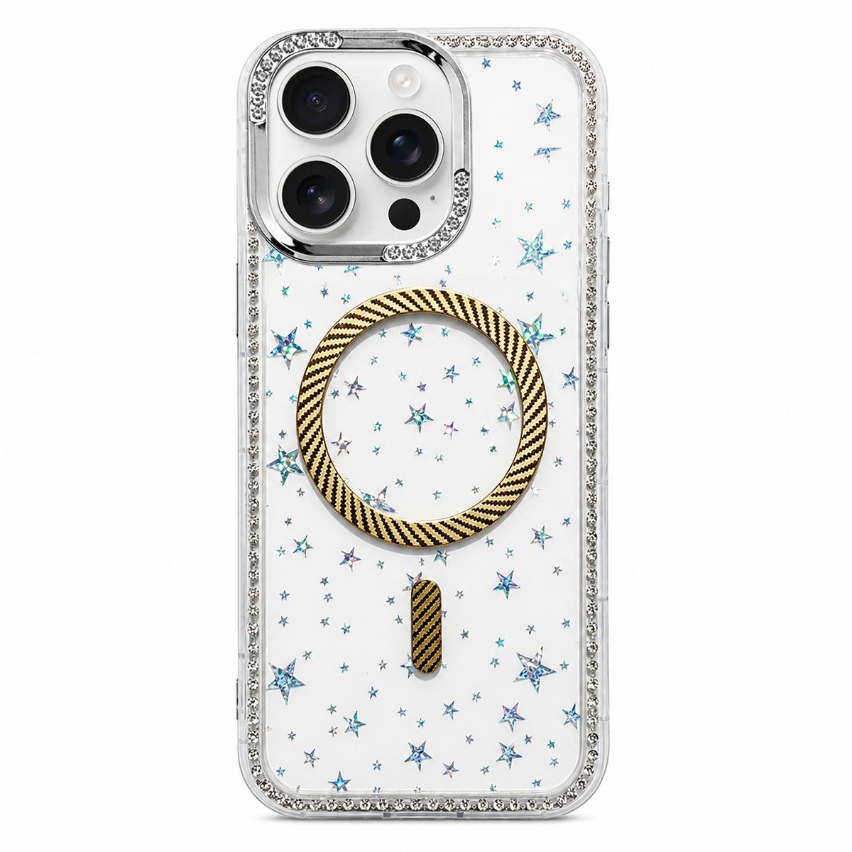 For iPhone 15 Pro Star Pattern Rhinestone Carbon Fiber Magnetic Ring Phone Case - Yellow - EDA009740815B