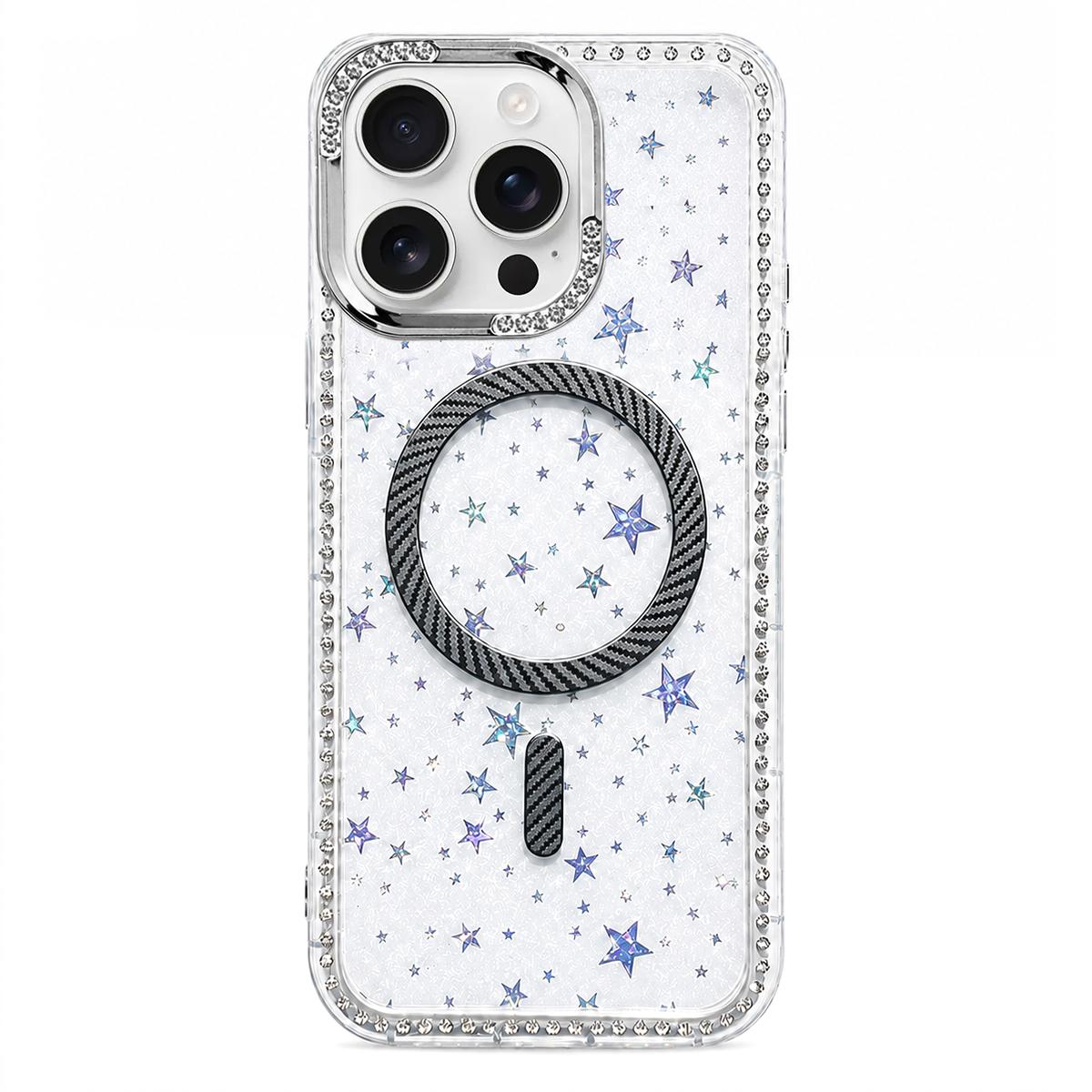 For iPhone 15 Pro Max Star Pattern Rhinestone Carbon Fiber Magnetic Ring Phone Case - Black - EDA009740816D
