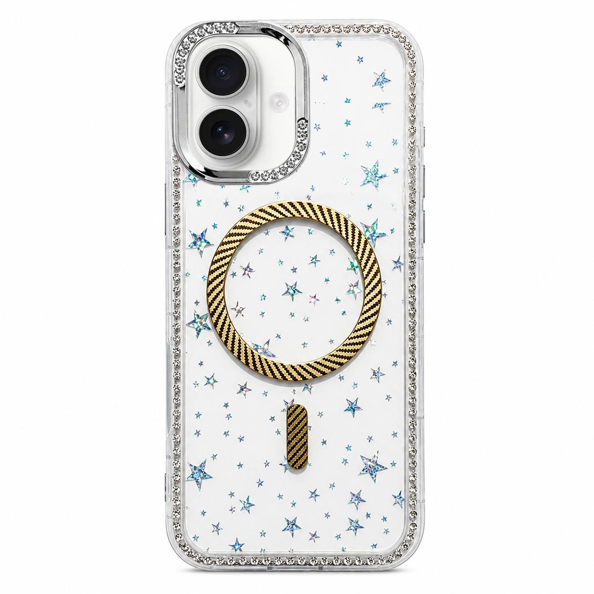 For iPhone 16 Star Pattern Rhinestone Carbon Fiber Magnetic Ring Phone Case - Yellow - EDA009740817B