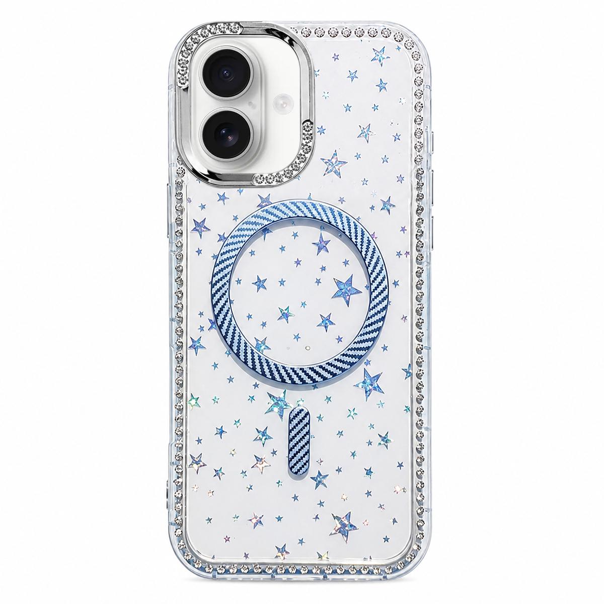 For iPhone 16 Plus Star Pattern Rhinestone Carbon Fiber Magnetic Ring Phone Case - Blue - EDA009740818A