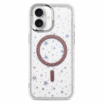 For iPhone 16 Plus Star Pattern Rhinestone Carbon Fiber Magnetic Ring Phone Case - Pink - EDA009740818C
