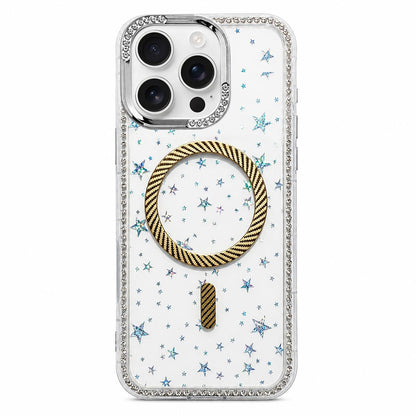 For iPhone 16 Pro Max Star Pattern Rhinestone Carbon Fiber Magnetic Ring Phone Case - Yellow - EDA009740820B