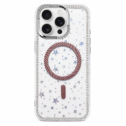 For iPhone 16 Pro Max Star Pattern Rhinestone Carbon Fiber Magnetic Ring Phone Case - Pink - EDA009740820C