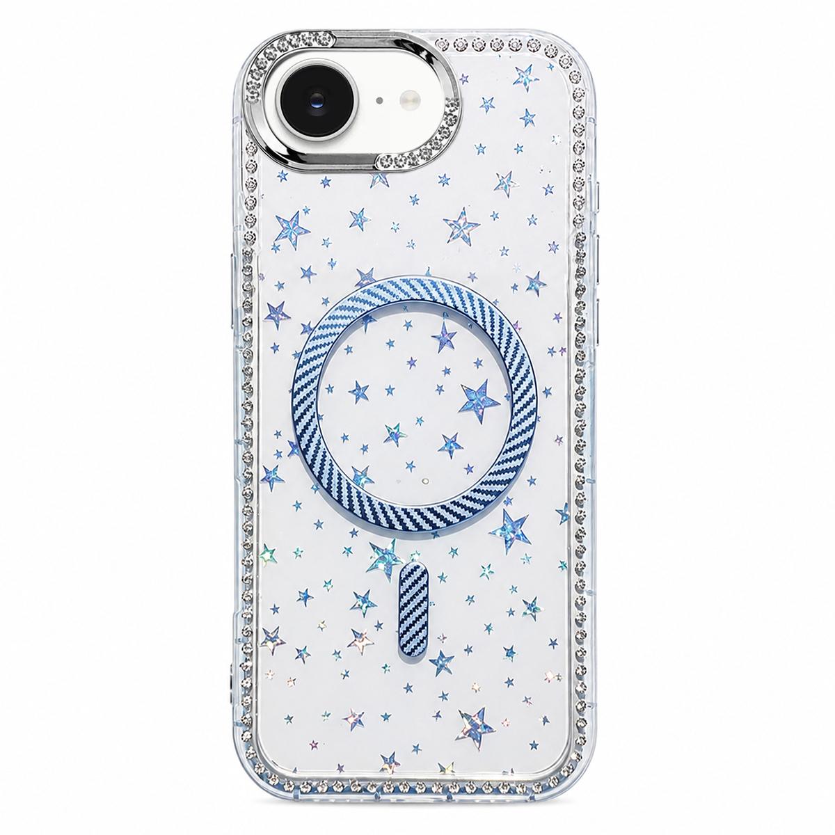 For iPhone 17e / 16e Star Pattern Rhinestone Carbon Fiber Magnetic Ring Phone Case - Blue - EDA009740821A