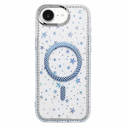 For iPhone 17e / 16e Star Pattern Rhinestone Carbon Fiber Magnetic Ring Phone Case - Blue - EDA009740821A