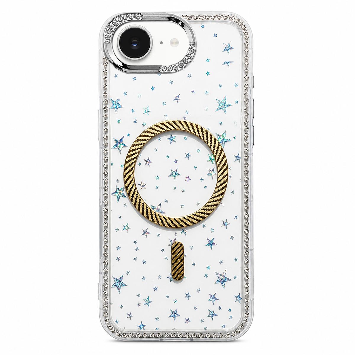 For iPhone 17e / 16e Star Pattern Rhinestone Carbon Fiber Magnetic Ring Phone Case - Yellow - EDA009740821B