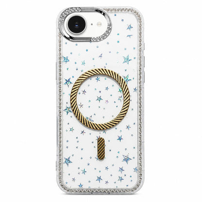 For iPhone 17e / 16e Star Pattern Rhinestone Carbon Fiber Magnetic Ring Phone Case - Yellow - EDA009740821B