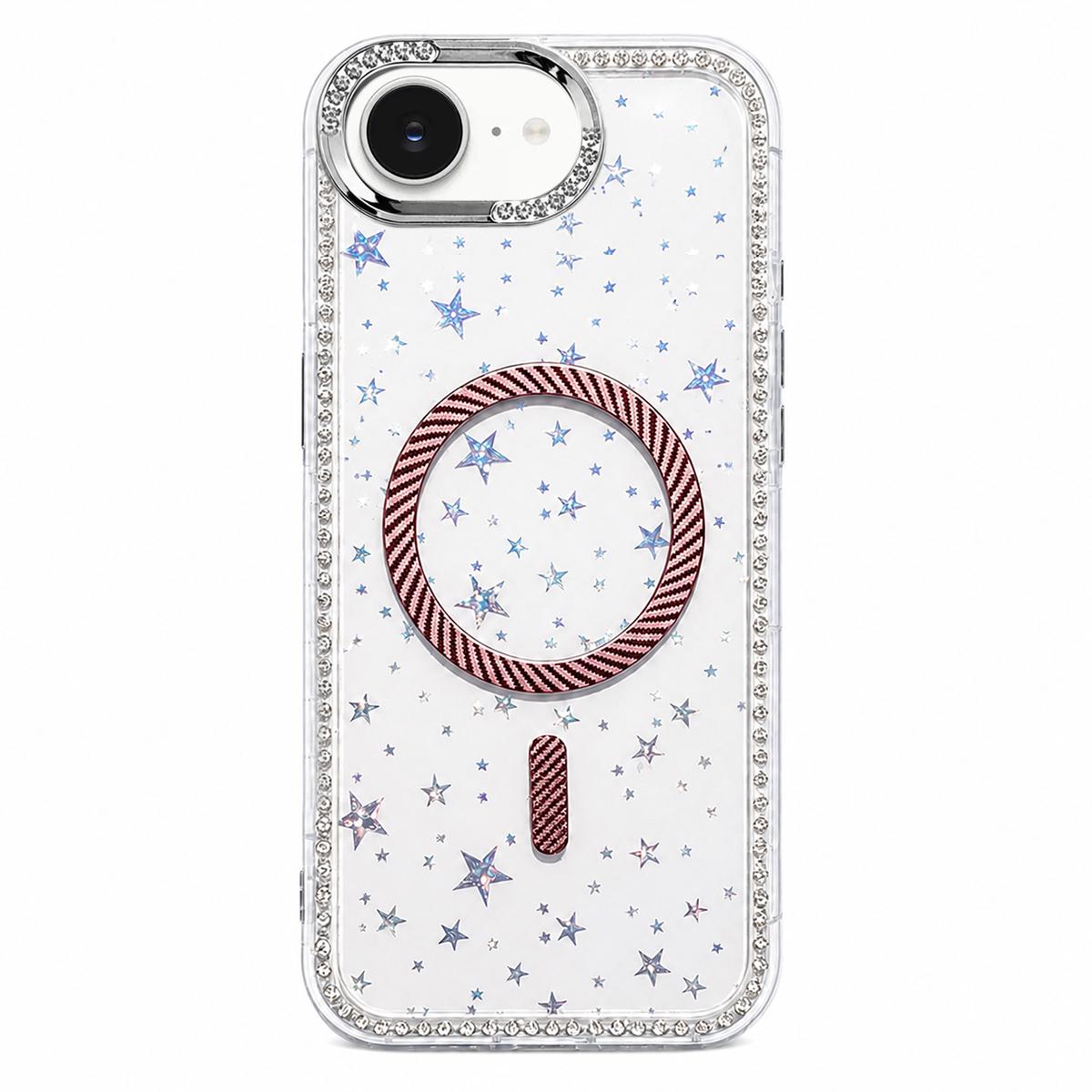 For iPhone 17e / 16e Star Pattern Rhinestone Carbon Fiber Magnetic Ring Phone Case - Pink - EDA009740821C