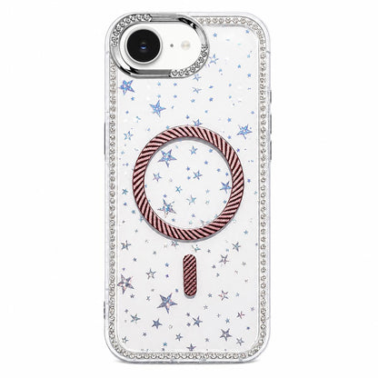 For iPhone 17e / 16e Star Pattern Rhinestone Carbon Fiber Magnetic Ring Phone Case - Pink - EDA009740821C