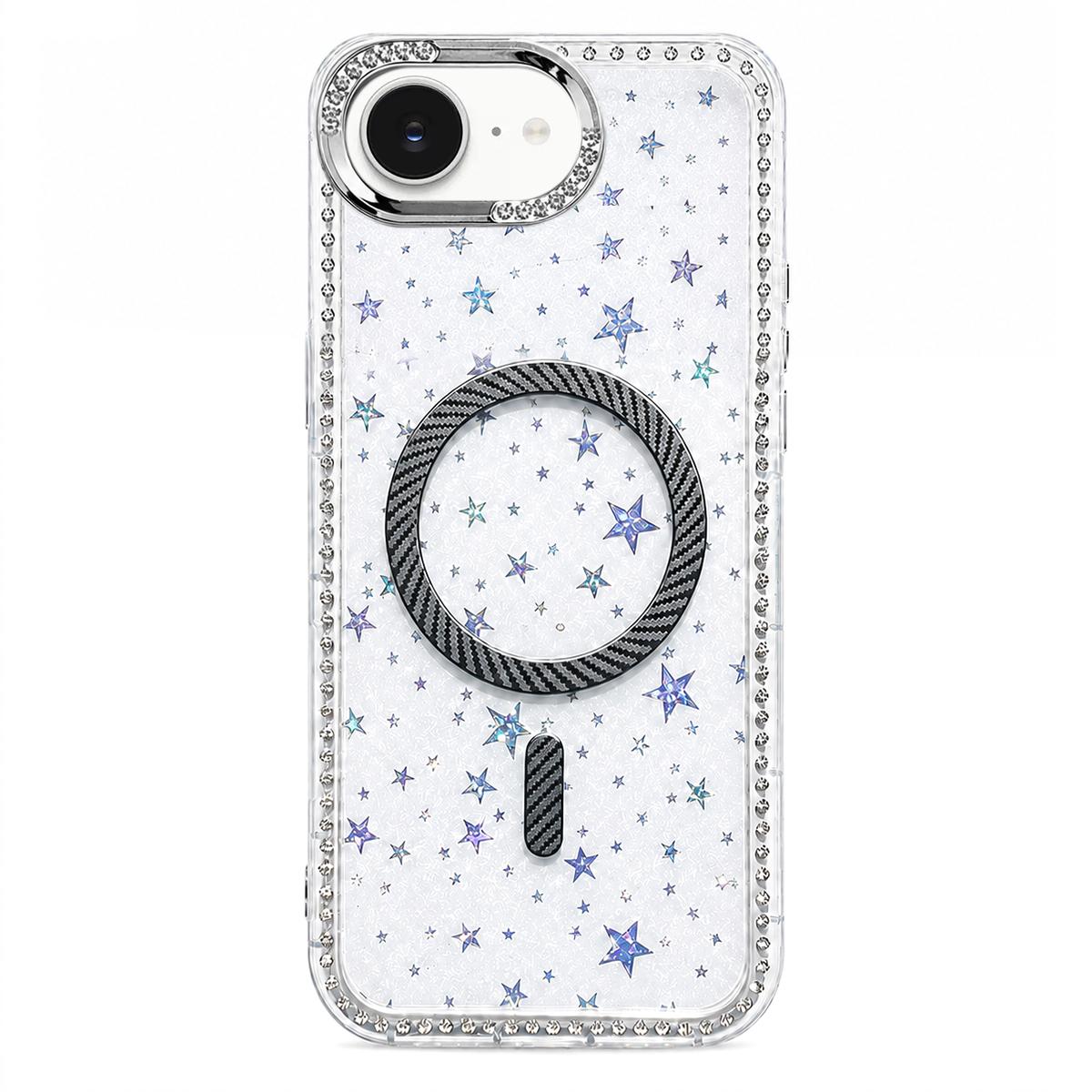 For iPhone 17e / 16e Star Pattern Rhinestone Carbon Fiber Magnetic Ring Phone Case - Black - EDA009740821D