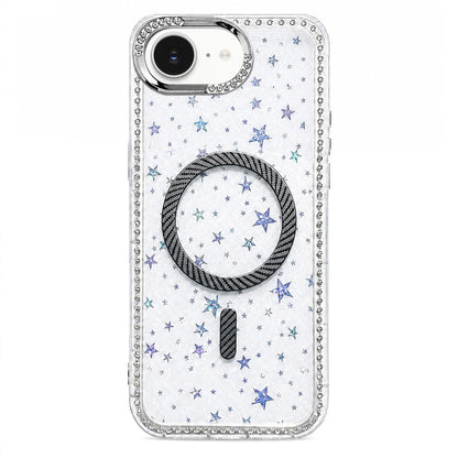 For iPhone 17e / 16e Star Pattern Rhinestone Carbon Fiber Magnetic Ring Phone Case - Black - EDA009740821D