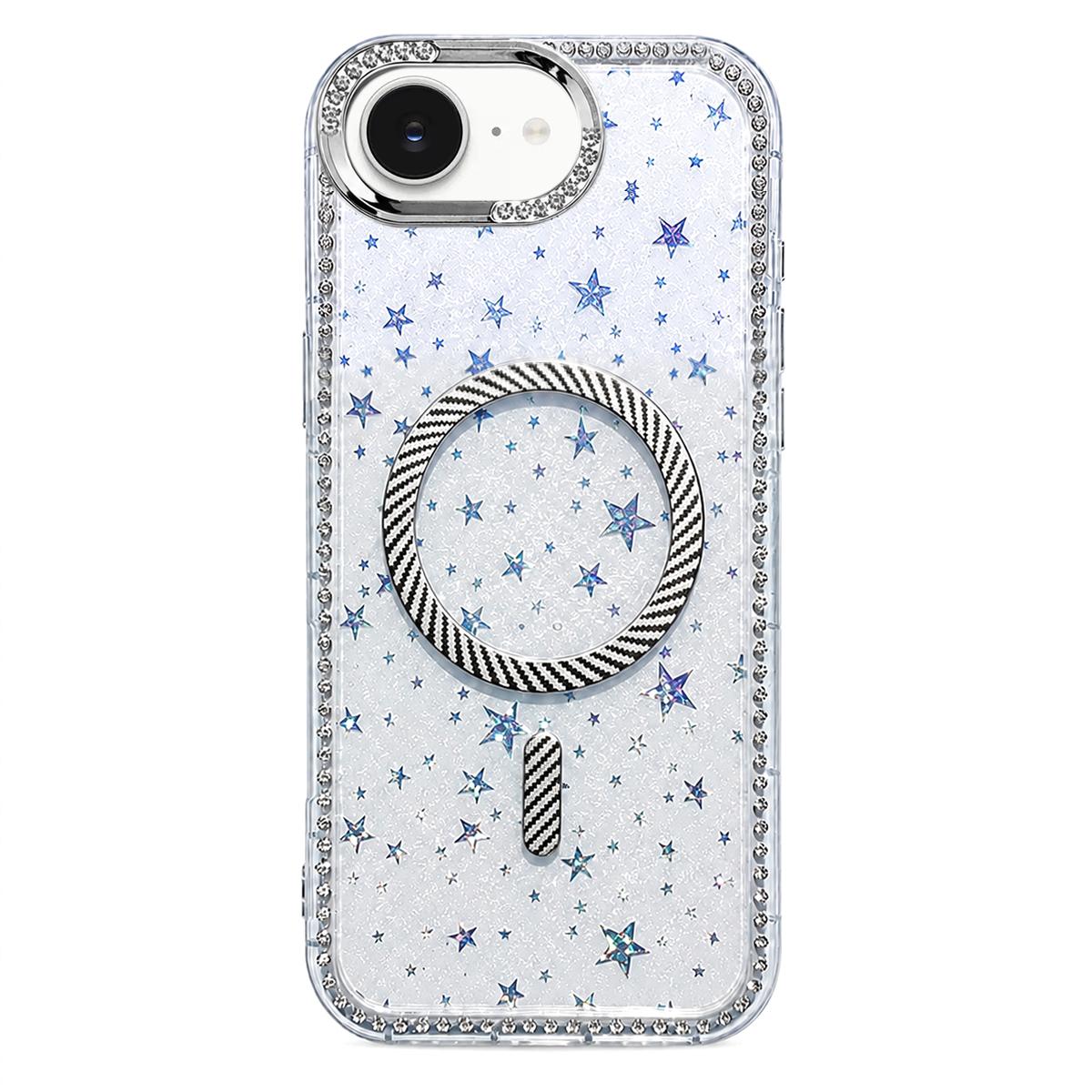 For iPhone 17e / 16e Star Pattern Rhinestone Carbon Fiber Magnetic Ring Phone Case - White - EDA009740821E