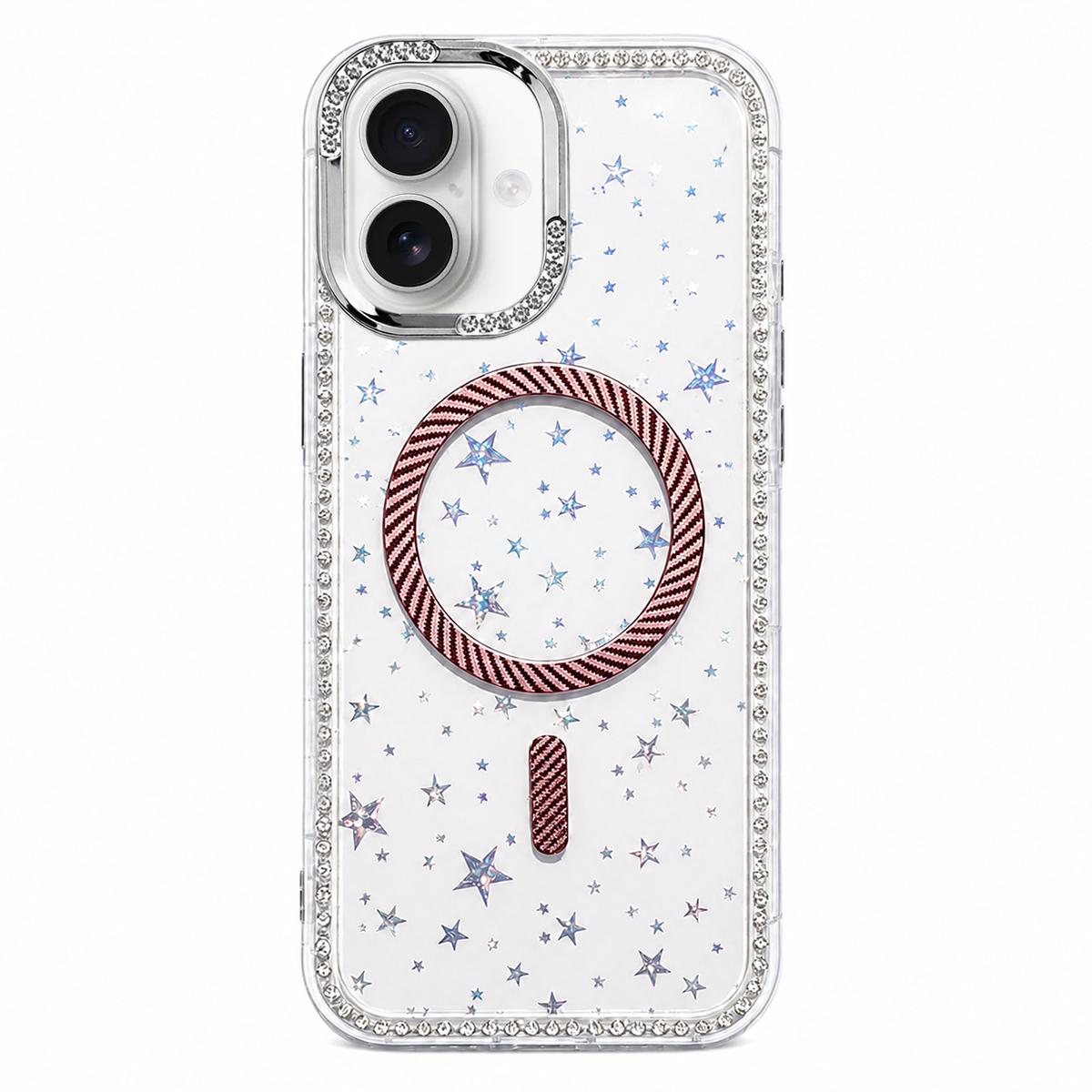 For iPhone 17 Star Pattern Rhinestone Carbon Fiber Magnetic Ring Phone Case - Pink - EDA009740822C