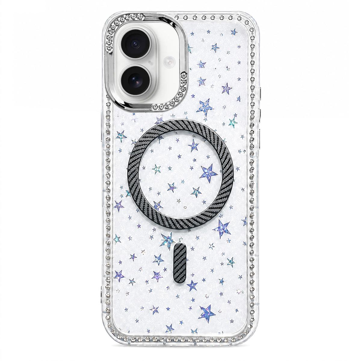 For iPhone 17 Star Pattern Rhinestone Carbon Fiber Magnetic Ring Phone Case - Black - EDA009740822D