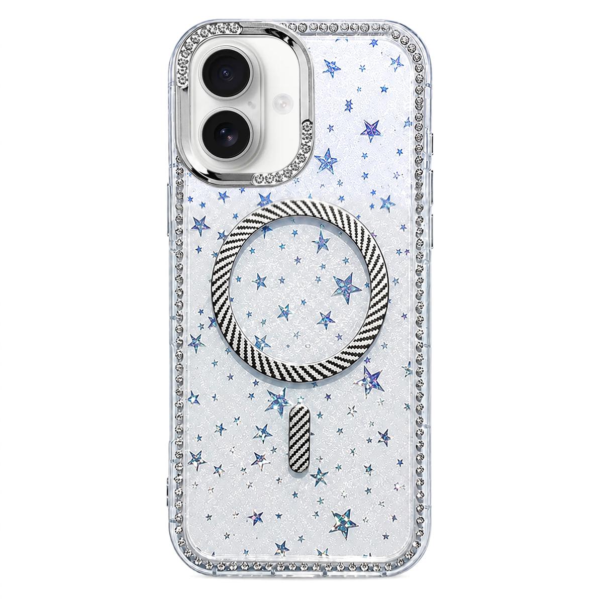 For iPhone 17 Star Pattern Rhinestone Carbon Fiber Magnetic Ring Phone Case - White - EDA009740822E