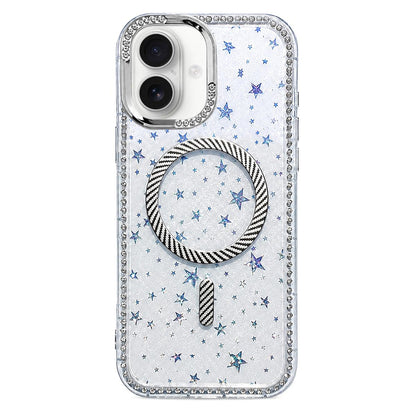 For iPhone 17 Star Pattern Rhinestone Carbon Fiber Magnetic Ring Phone Case - White - EDA009740822E