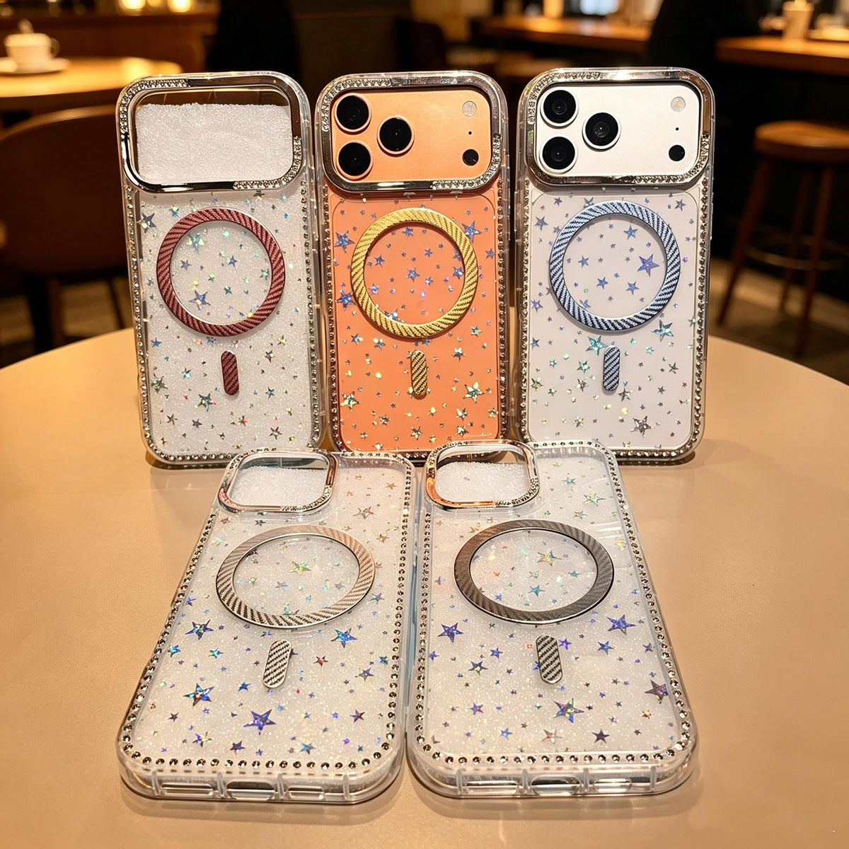For iPhone 14 Pro Max Star Pattern Rhinestone Carbon Fiber Magnetic Ring Phone Case - White - EDA009740812E