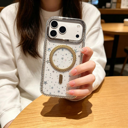 For iPhone 11 Pro Max Star Pattern Rhinestone Carbon Fiber Magnetic Ring Phone Case - Yellow - EDA009740802B
