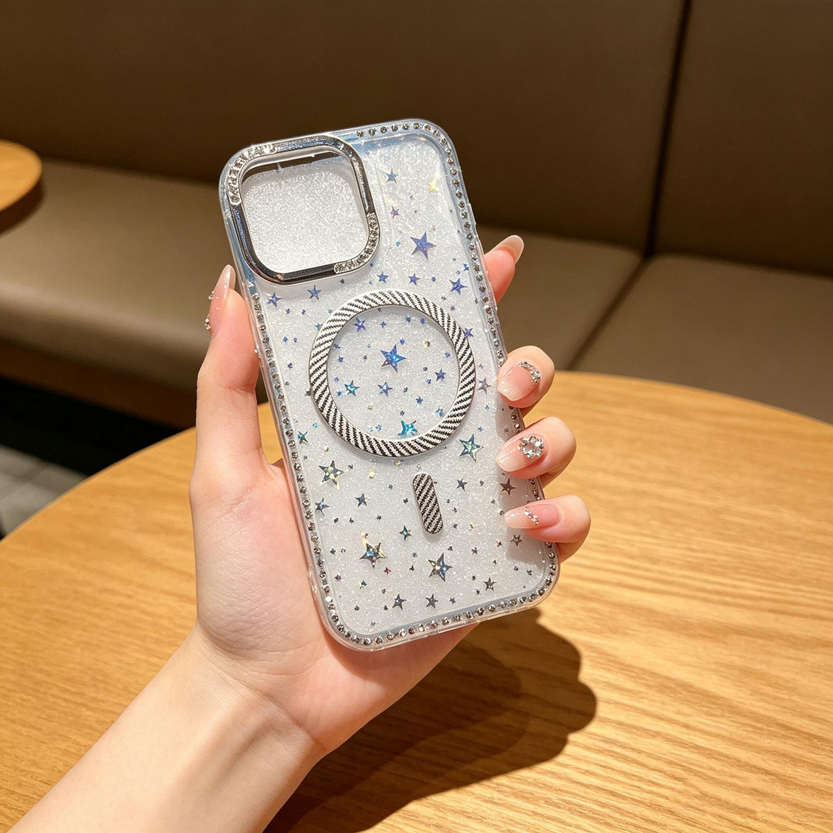 For iPhone 14 Pro Max Star Pattern Rhinestone Carbon Fiber Magnetic Ring Phone Case - White - EDA009740812E