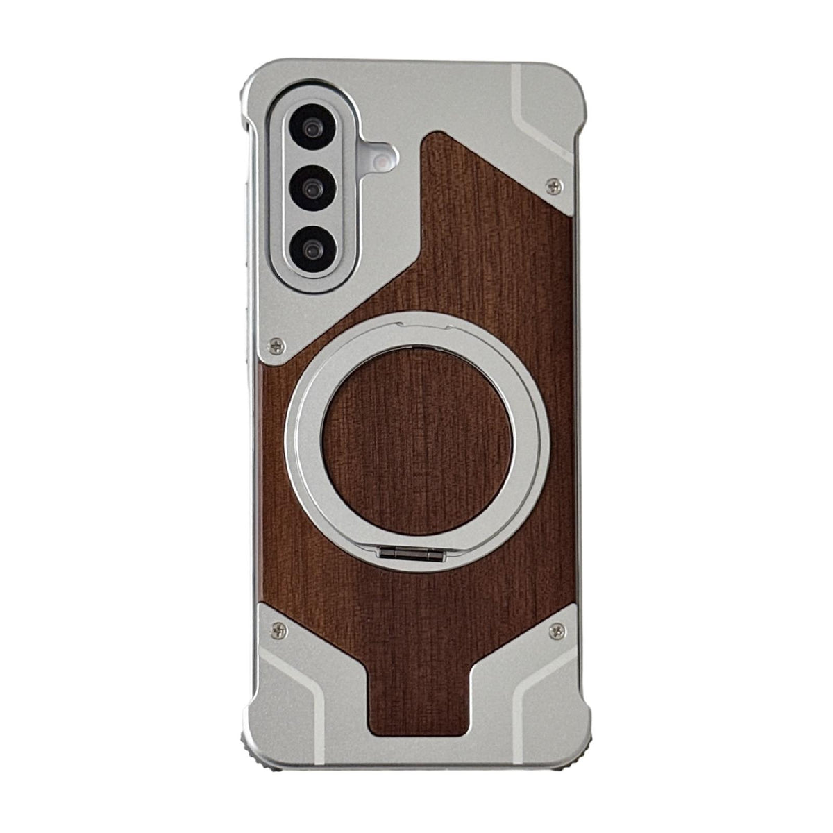 For Galaxy A56 5G Armor Walnut Wood Metal Frameless 360 Rotation Holder Magnetic Phone Case - Silver - EDA009740901A