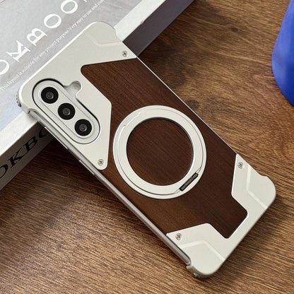 For Galaxy A56 5G Armor Walnut Wood Metal Frameless 360 Rotation Holder Magnetic Phone Case - Silver - EDA009740901A