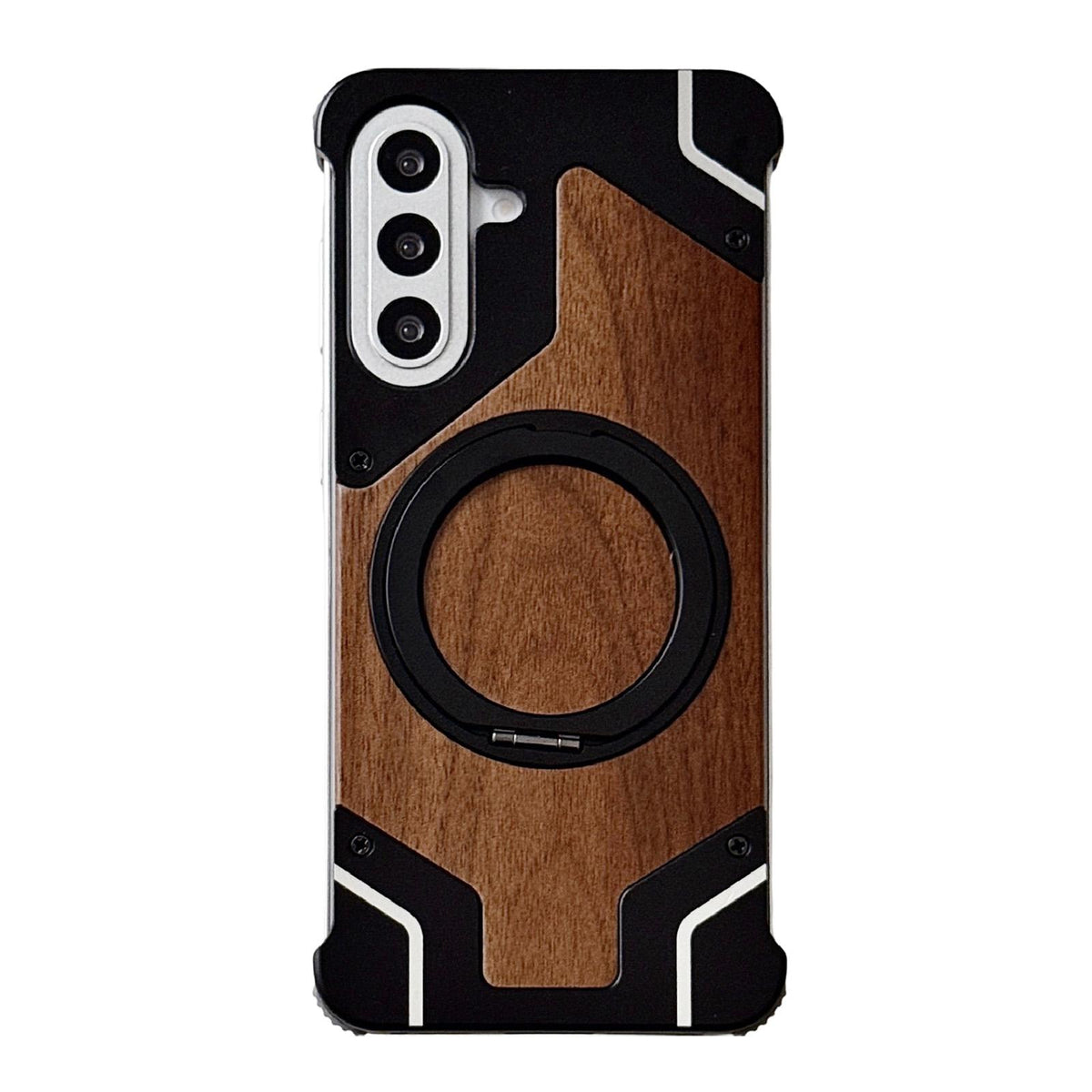 For Galaxy A56 5G Armor Walnut Wood Metal Frameless 360 Rotation Holder Magnetic Phone Case - Black - EDA009740901C
