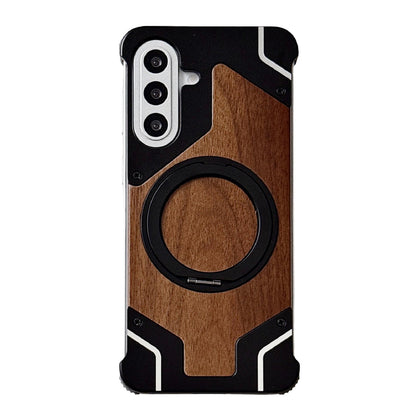 For Galaxy A56 5G Armor Walnut Wood Metal Frameless 360 Rotation Holder Magnetic Phone Case - Black - EDA009740901C