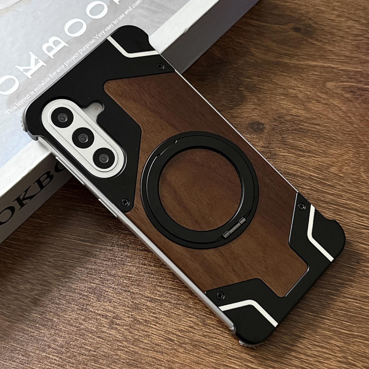 For Galaxy A56 5G Armor Walnut Wood Metal Frameless 360 Rotation Holder Magnetic Phone Case - Black - EDA009740901C