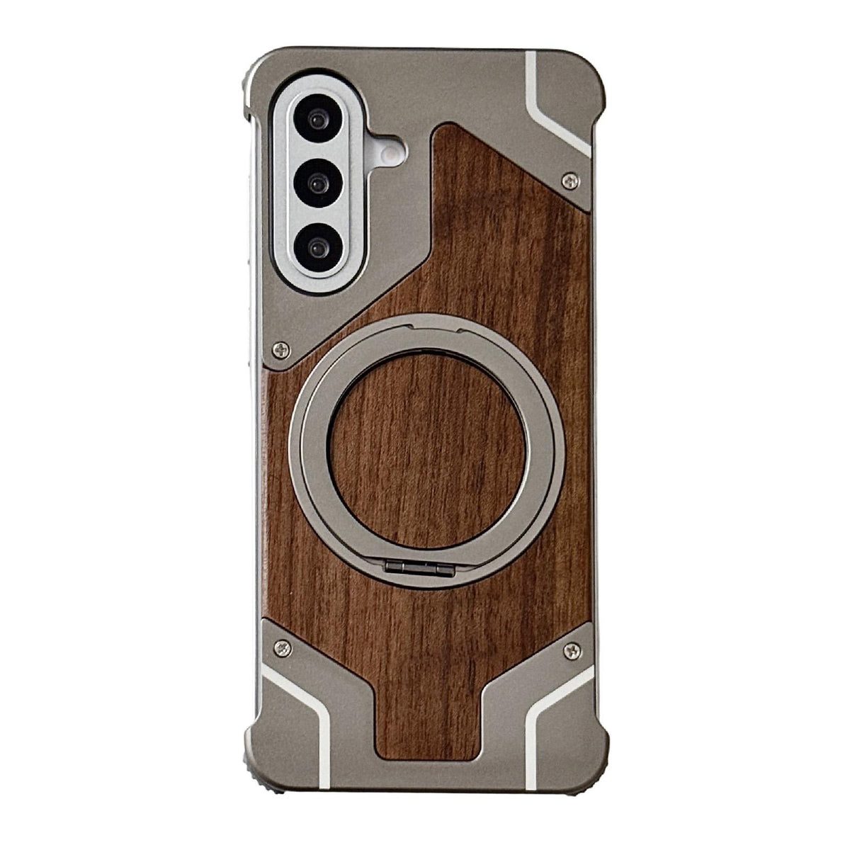 For Galaxy A56 5G Armor Walnut Wood Metal Frameless 360 Rotation Holder Magnetic Phone Case - Titanium Color - EDA009740901D