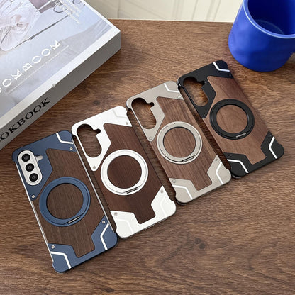 For Galaxy A56 5G Armor Walnut Wood Metal Frameless 360 Rotation Holder Magnetic Phone Case - Silver - EDA009740901A