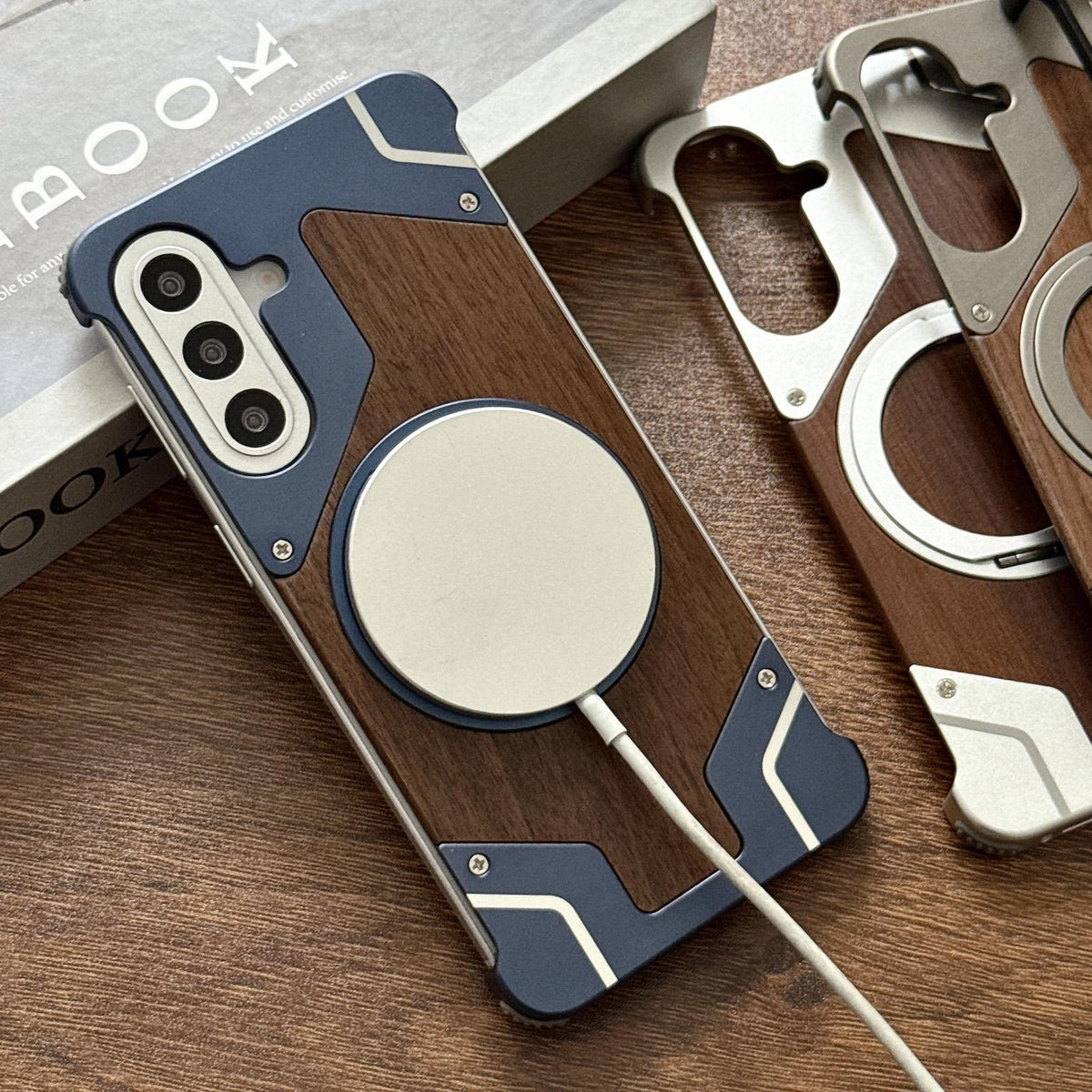 For Galaxy A56 5G Armor Walnut Wood Metal Frameless 360 Rotation Holder Magnetic Phone Case - Silver - EDA009740901A