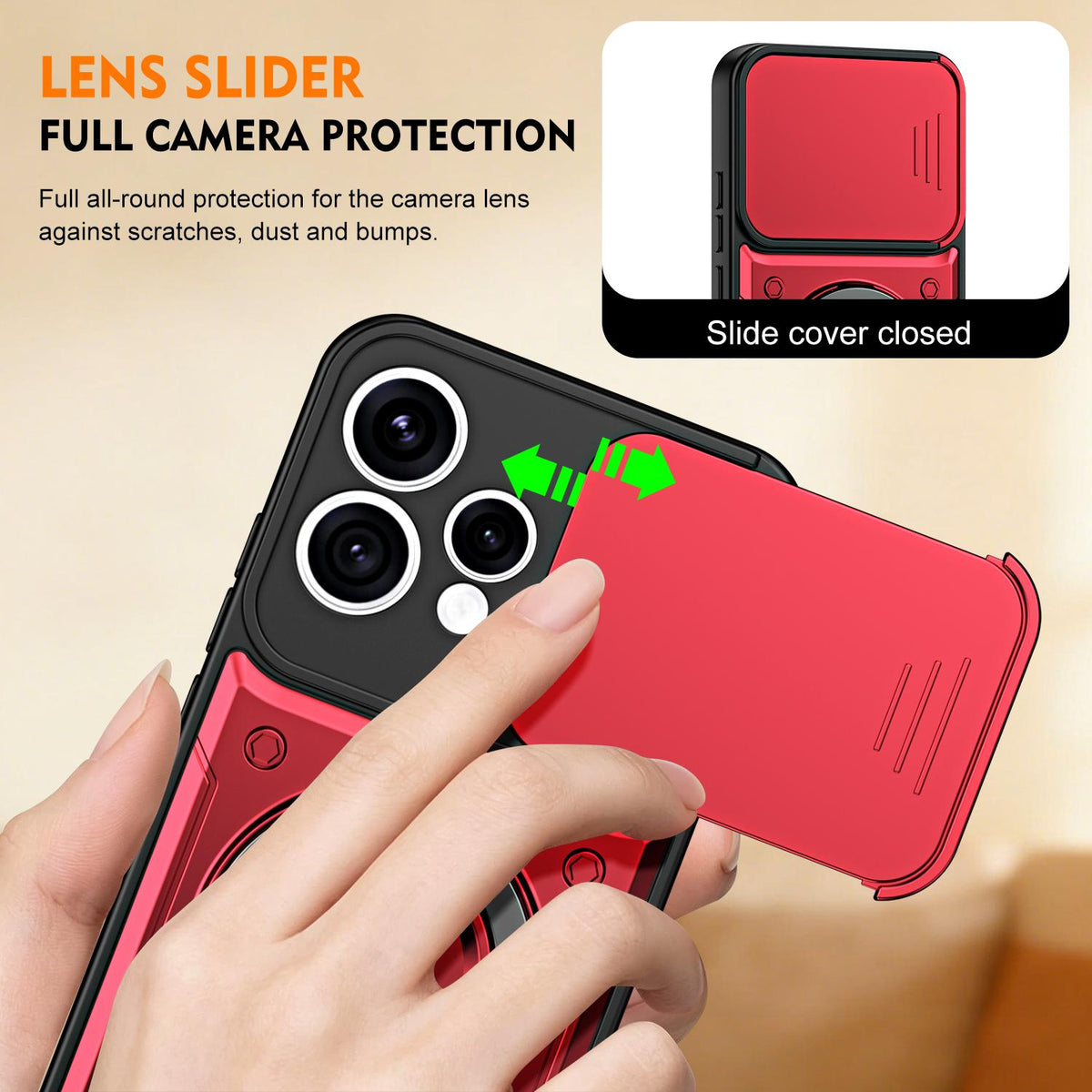 For OPPO Reno15 5G Global Ring Holder Lens Slide Cover Phone Case - Orange - EDA009742702A