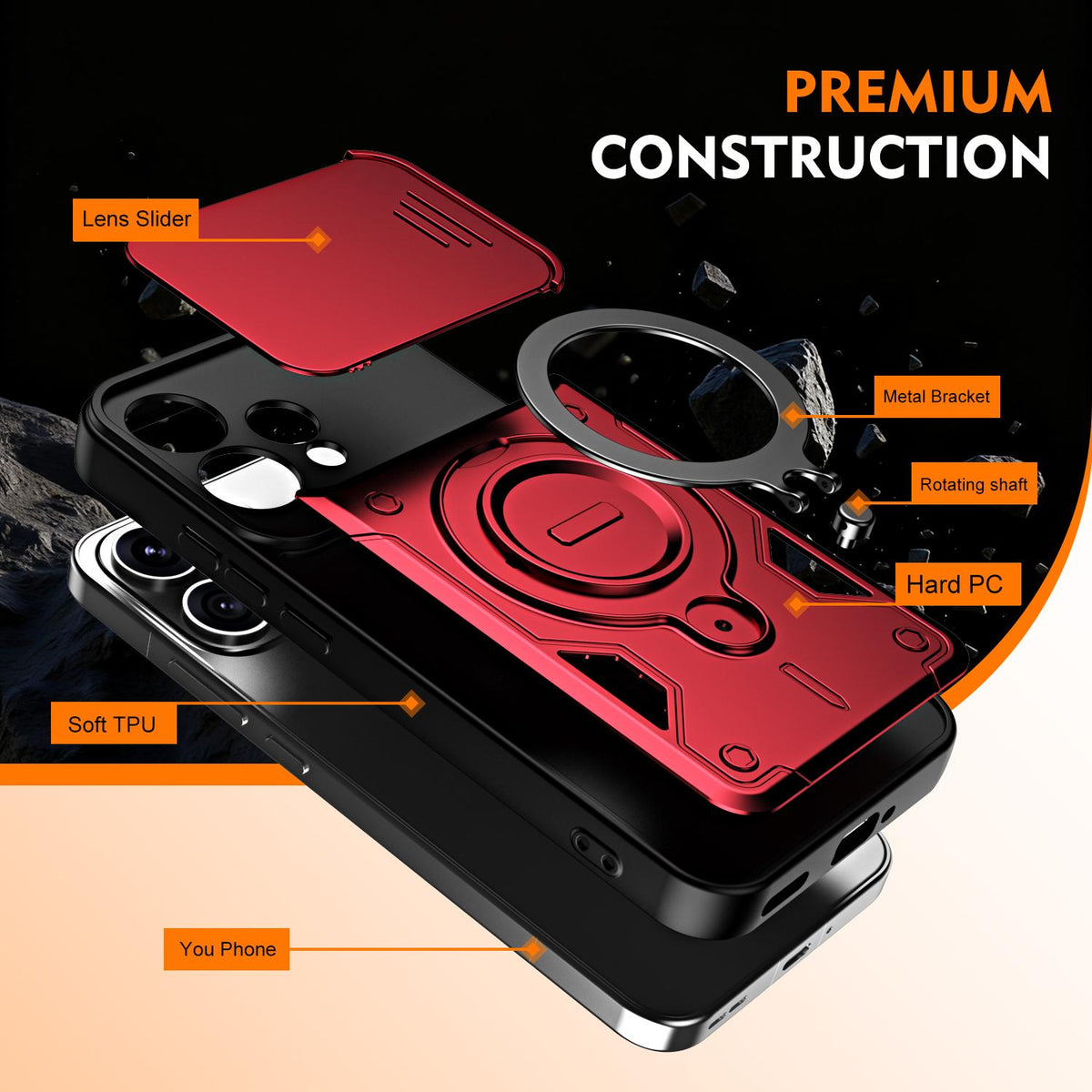 For OPPO Reno15 5G Global Ring Holder Lens Slide Cover Phone Case - Orange - EDA009742702A