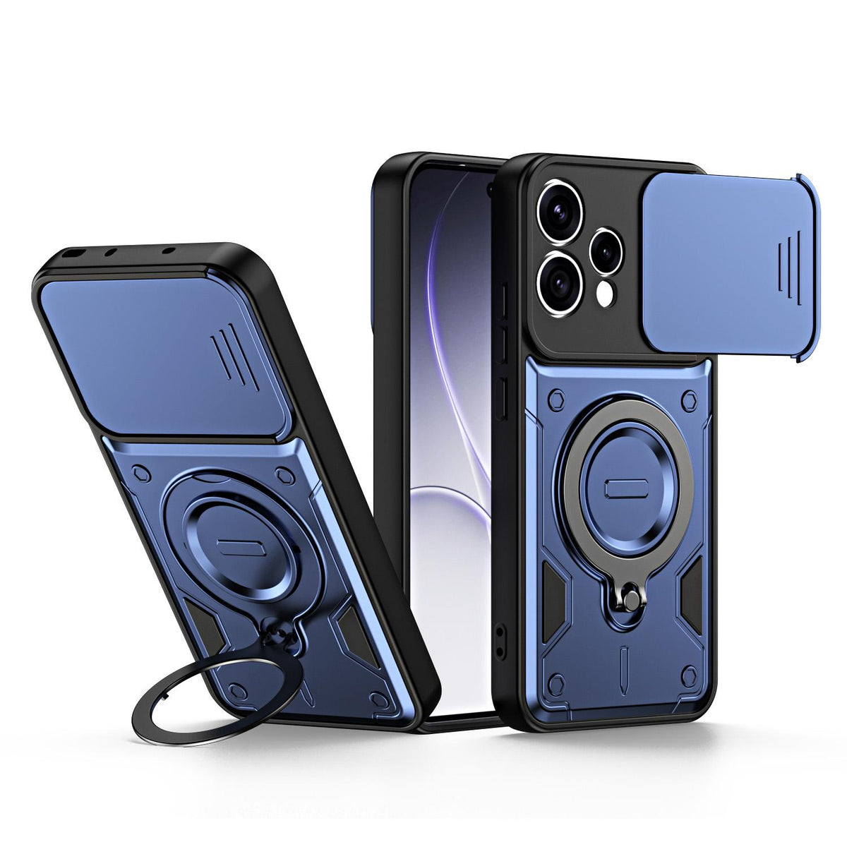 For OPPO Reno15 5G Global Ring Holder Lens Slide Cover Phone Case - Blue - EDA009742702B