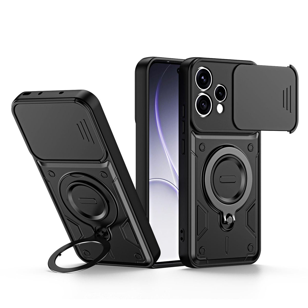 For OPPO Reno15 5G Global Ring Holder Lens Slide Cover Phone Case - Black - EDA009742702C