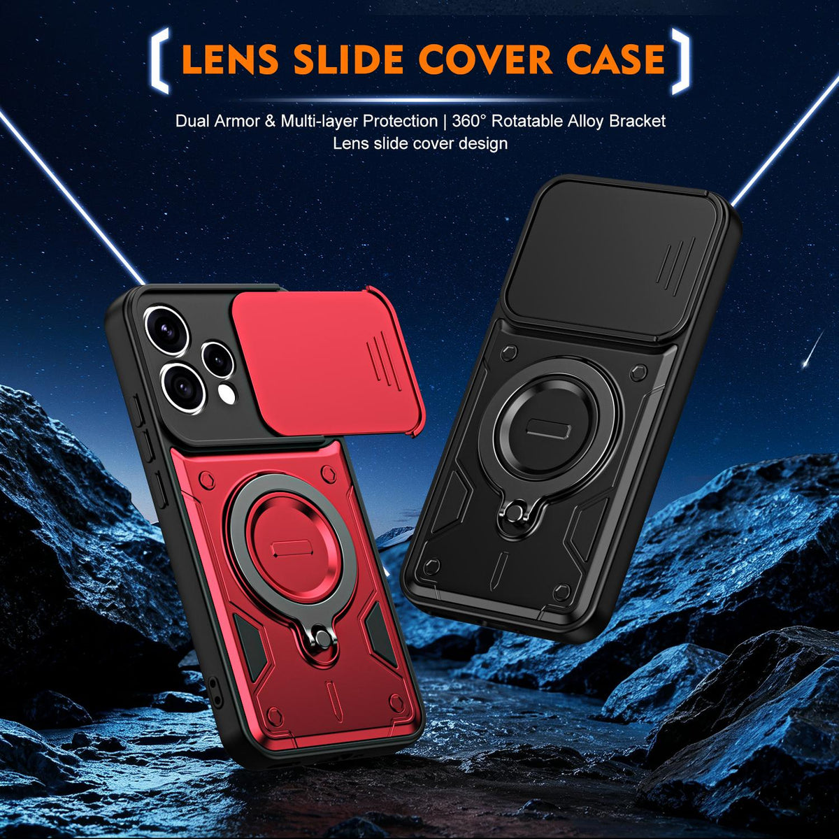 For OPPO Reno15 5G Global Ring Holder Lens Slide Cover Phone Case - Black - EDA009742702C