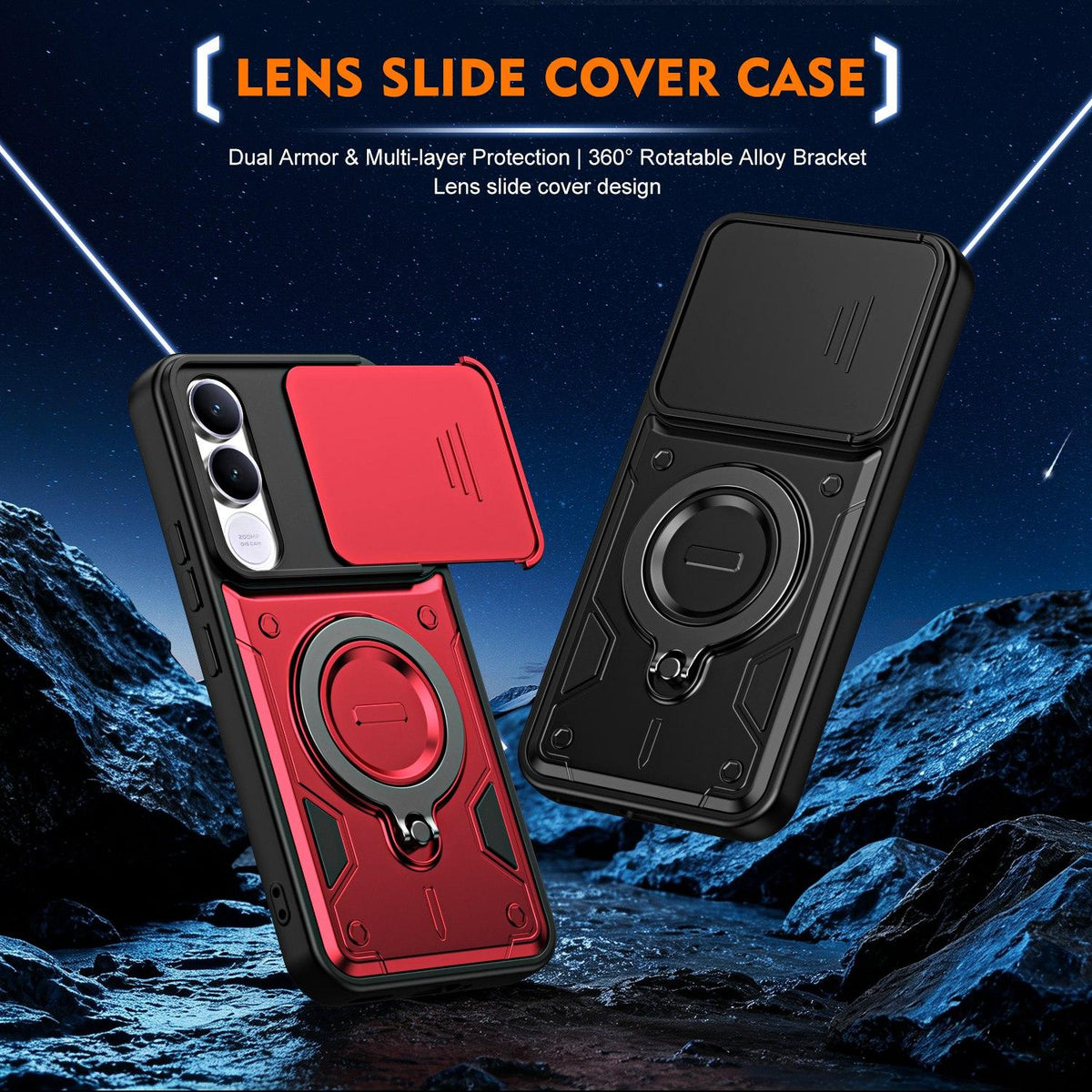 For vivo V70 FE 5G Ring Holder Lens Slide Cover Phone Case - Orange - EDA009742902A